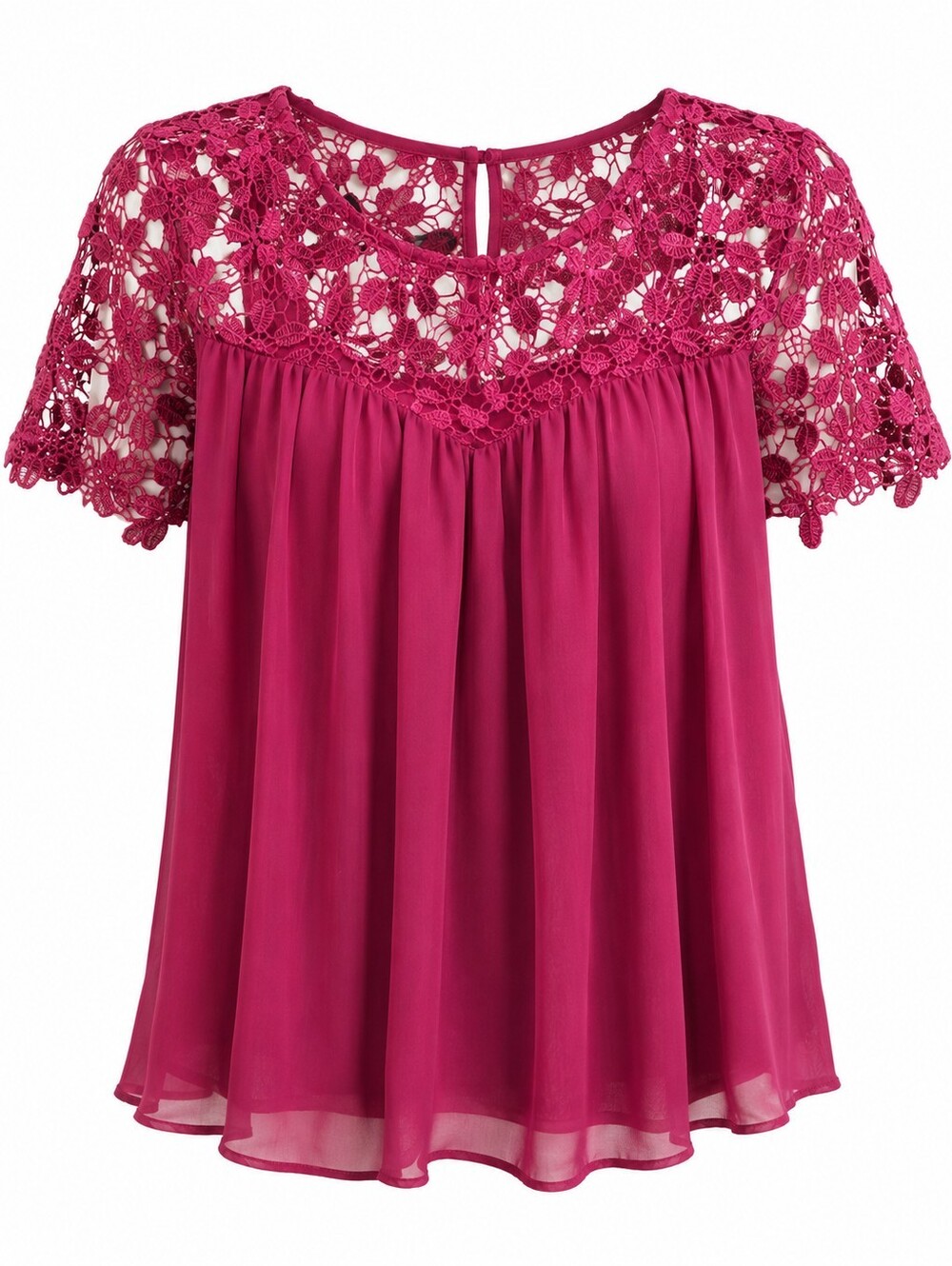 Umgee Floral Lace Yoke Short Sleeve Blouse in Berry